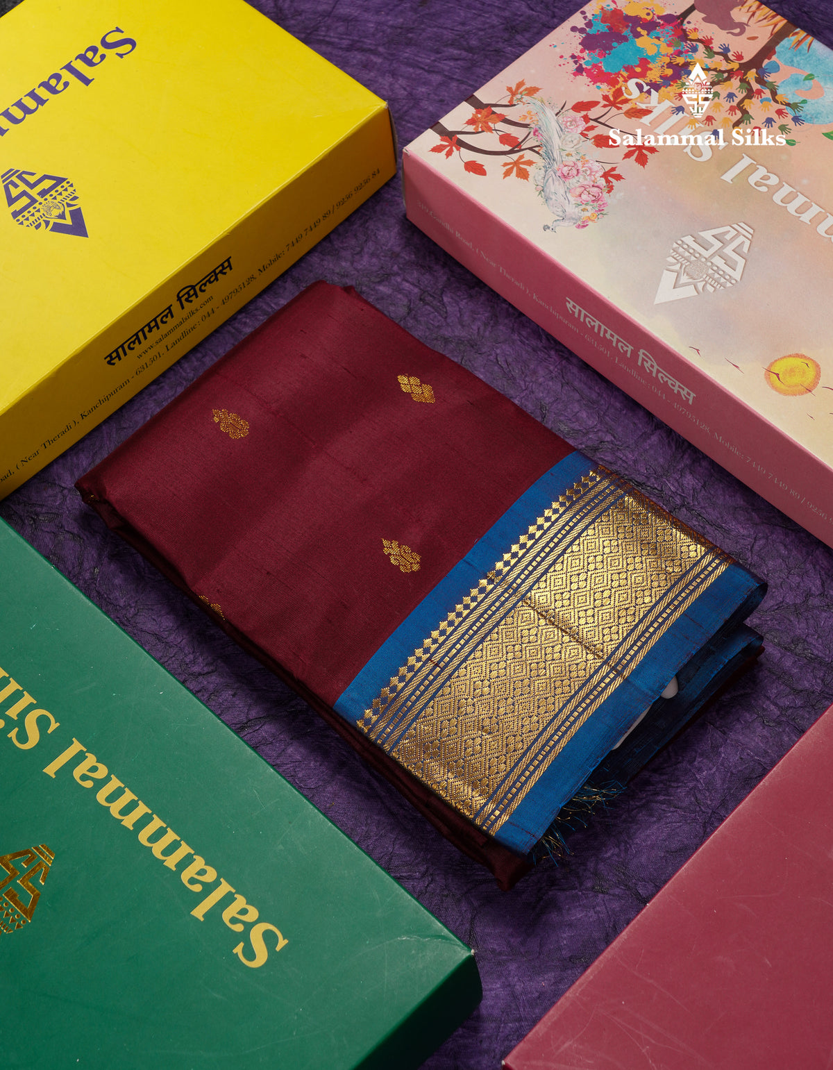 Beautiful Dark Magenta Pure Kanjivaram Silk Saree With Contrast Peacock Blue One Side Traditional Border