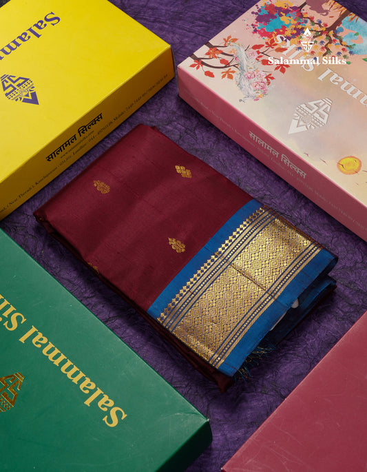 Beautiful Dark Magenta Pure Kanjivaram Silk Saree With Contrast Peacock Blue One Side Traditional Border