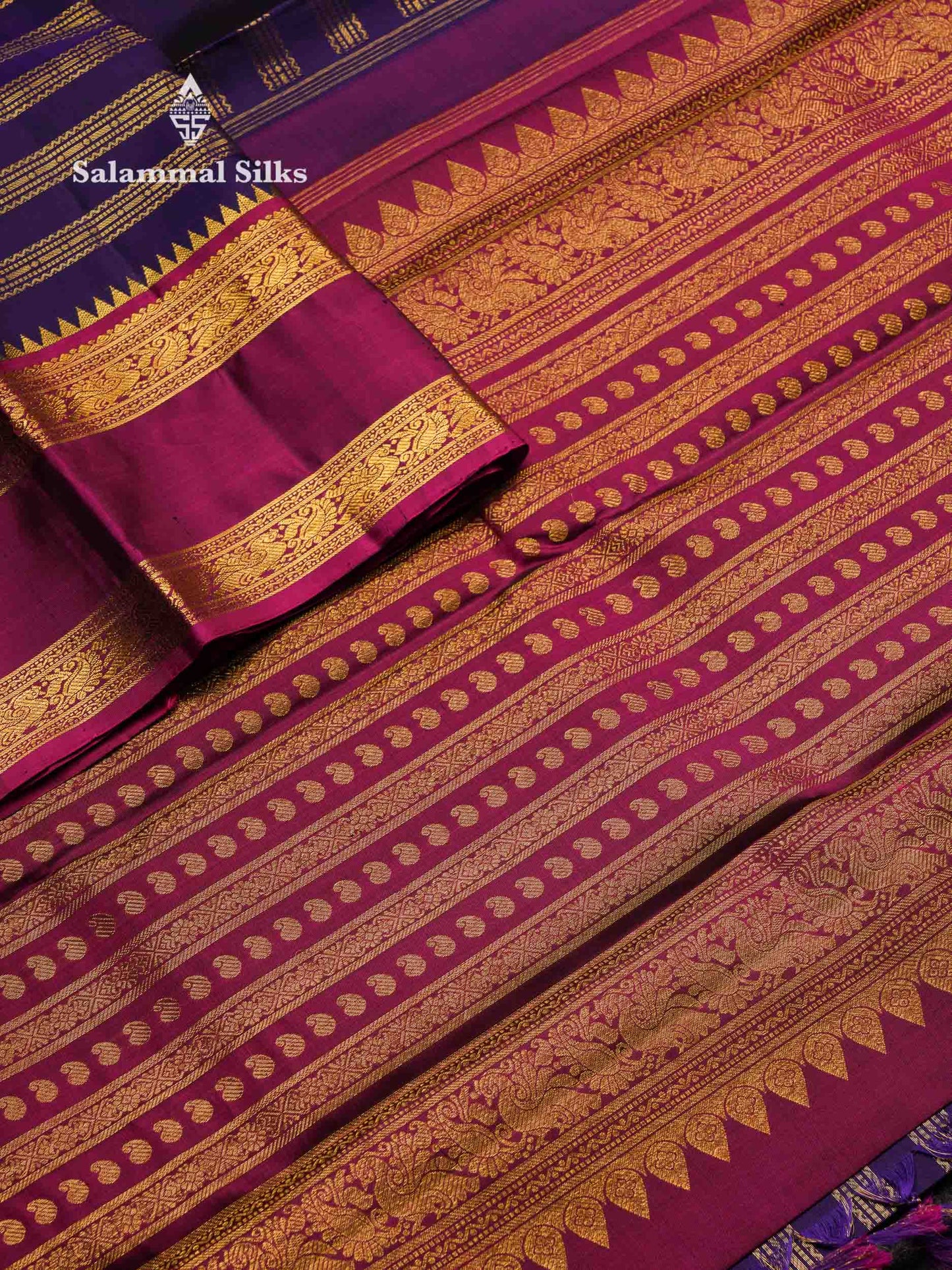 Beautiful Violet Pure Kanjivaram Silk Saree With Contrast Magenta Traditional Rettapet Border