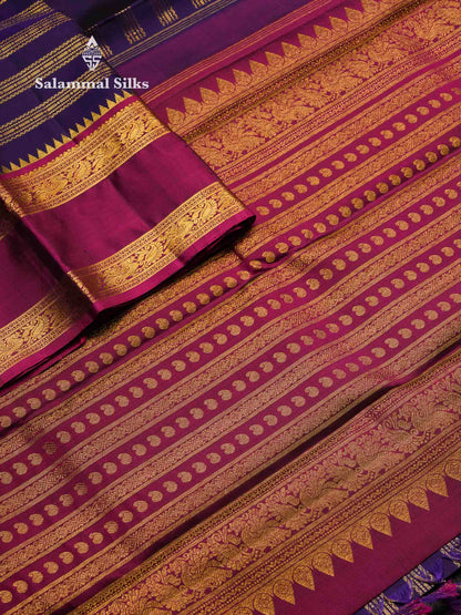 Beautiful Violet Pure Kanjivaram Silk Saree With Contrast Magenta Traditional Rettapet Border