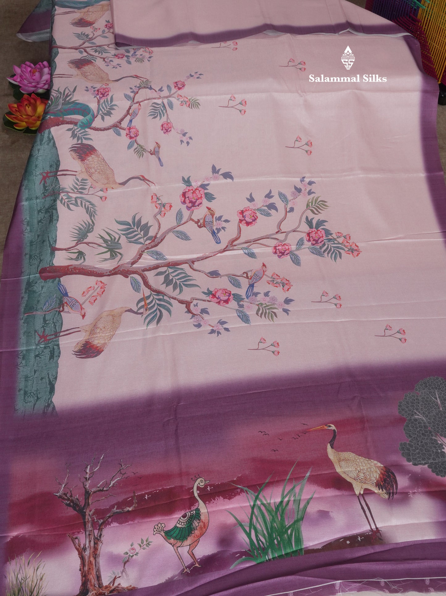 Baby Pink Printed Semi Tussar Saree With Lake & Bird Border