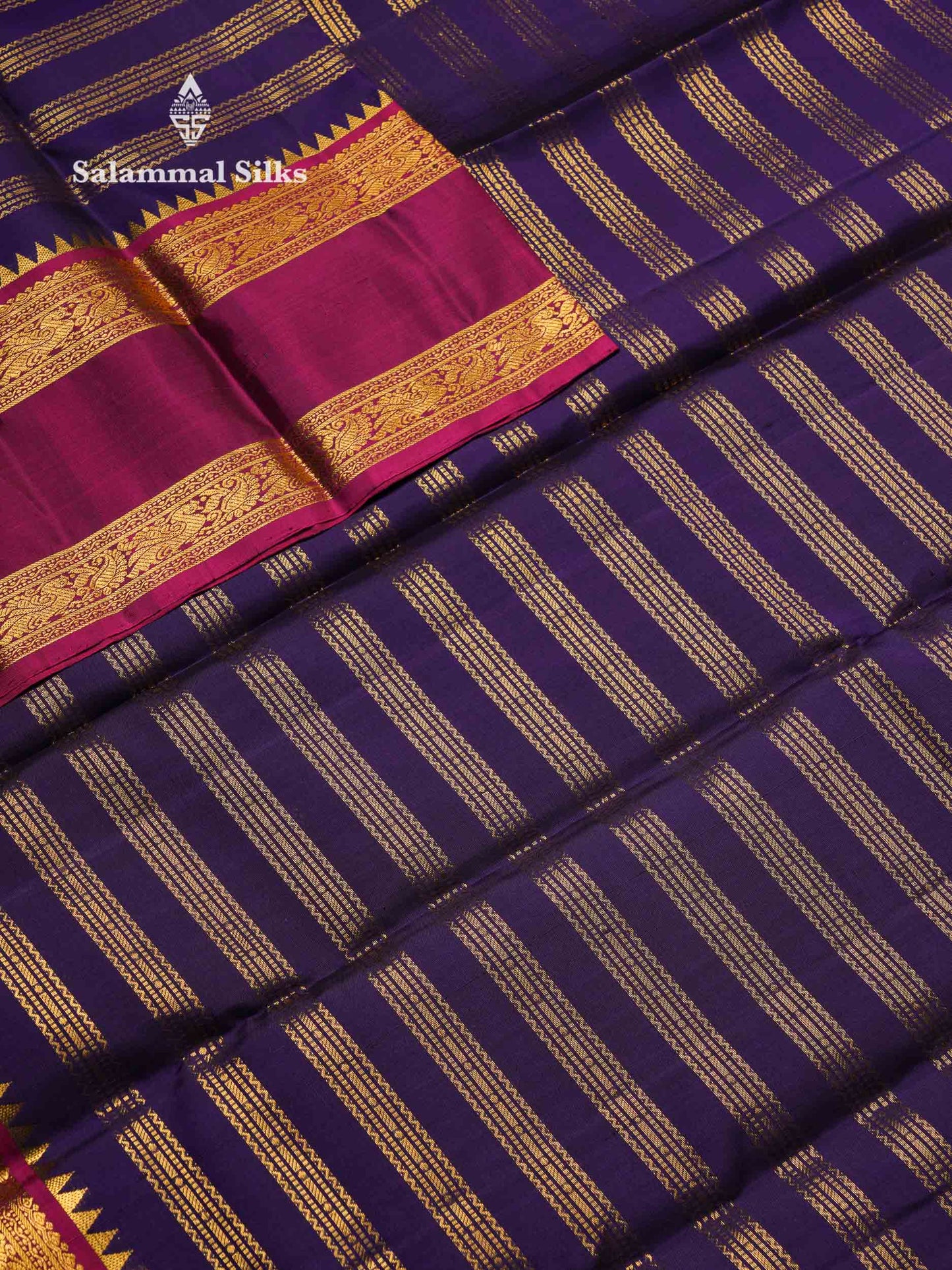 Beautiful Violet Pure Kanjivaram Silk Saree With Contrast Magenta Traditional Rettapet Border