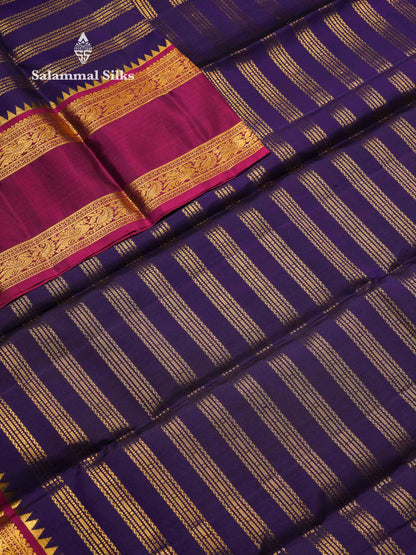 Beautiful Violet Pure Kanjivaram Silk Saree With Contrast Magenta Traditional Rettapet Border