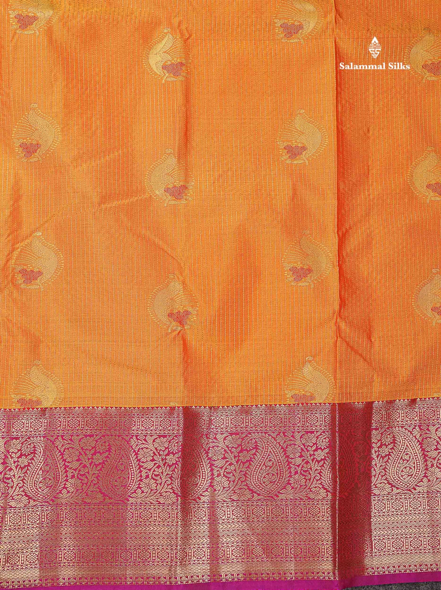 Beautiful Mango Yellow Zari Line Butta Semi Silk Saree With Contrast pink Traditional Evening Morning Border