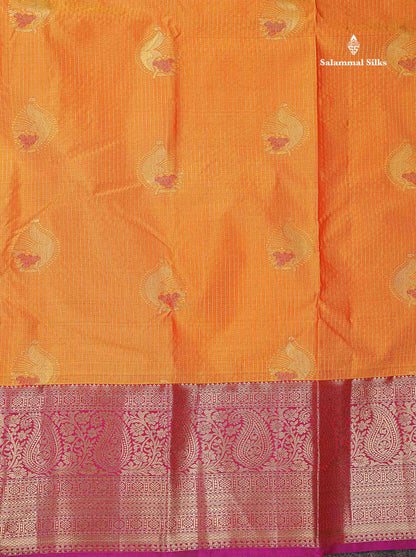 Beautiful Mango Yellow Zari Line Butta Semi Silk Saree With Contrast pink Traditional Evening Morning Border