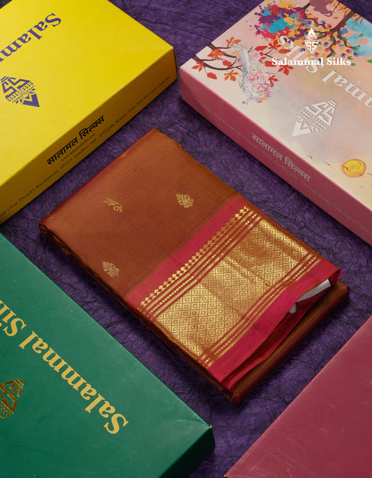 Beautiful Dual Tone Brown Pure Kanjivaram Silk Saree With Contrast Pink One Side Traditional Border