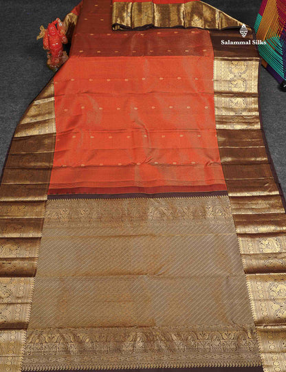 Pure Kanjivaram Silk Saree - Rust Orange Colour Body Vertical Vaira Oosi Lines With Butta & Contrast Dark Brown Long Border