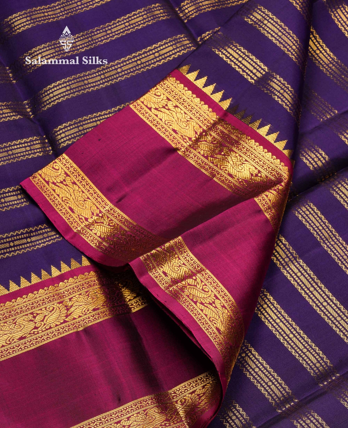 Beautiful Violet Pure Kanjivaram Silk Saree With Contrast Magenta Traditional Rettapet Border