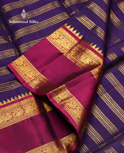 Beautiful Violet Pure Kanjivaram Silk Saree With Contrast Magenta Traditional Rettapet Border