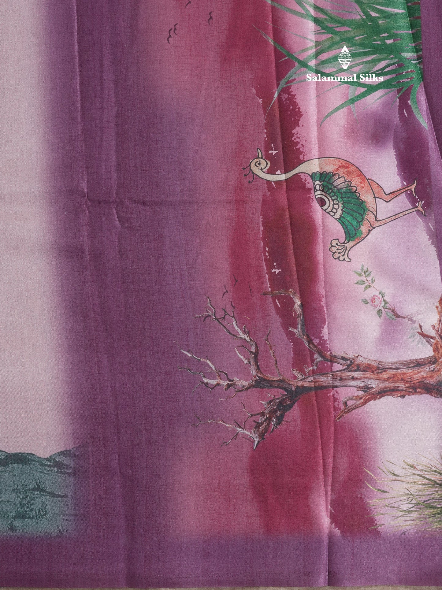 Baby Pink Printed Semi Tussar Saree With Lake & Bird Border