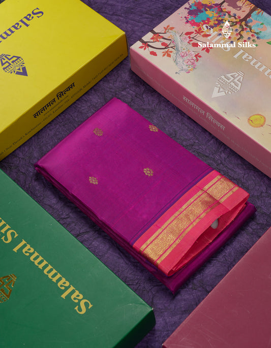 Beautiful Magenta Pink Pure Kanjivaram Silk Saree With Contrast Light Pink One Side Traditional Border