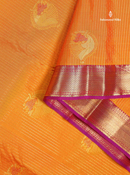 Beautiful Mango Yellow Zari Line Butta Semi Silk Saree With Contrast pink Traditional Evening Morning Border
