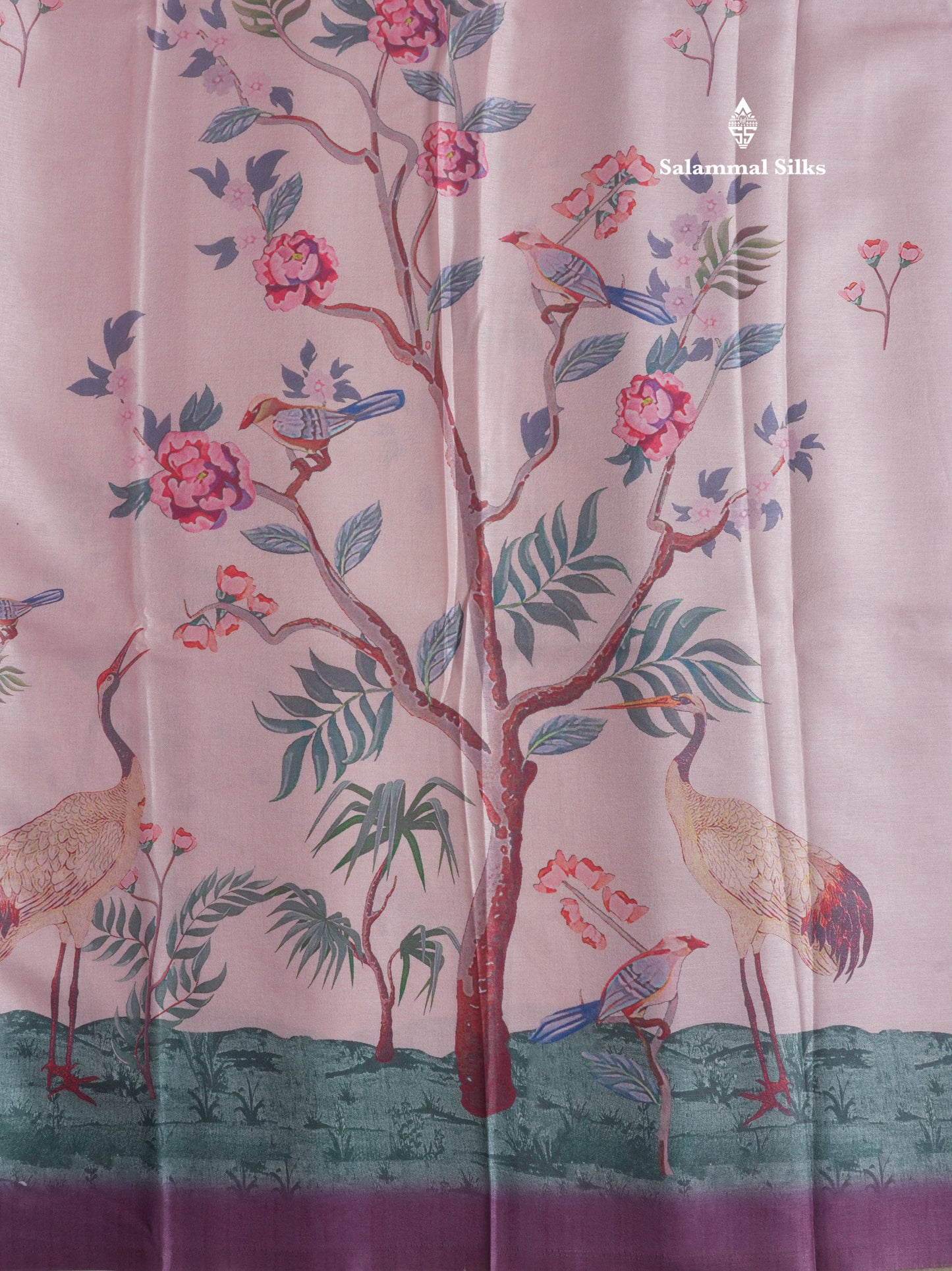 Baby Pink Printed Semi Tussar Saree With Lake & Bird Border