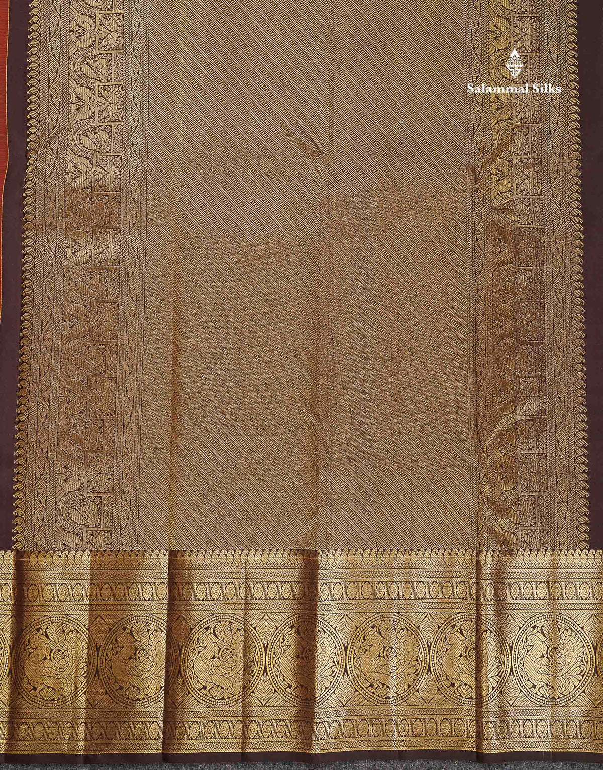Pure Kanjivaram Silk Saree - Rust Orange Colour Body Vertical Vaira Oosi Lines With Butta & Contrast Dark Brown Long Border