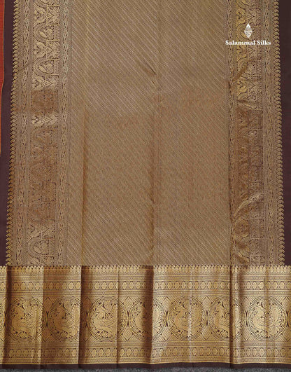 Pure Kanjivaram Silk Saree - Rust Orange Colour Body Vertical Vaira Oosi Lines With Butta & Contrast Dark Brown Long Border