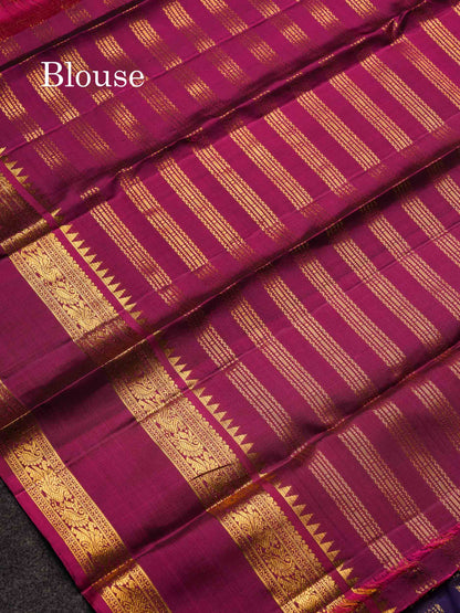 Beautiful Violet Pure Kanjivaram Silk Saree With Contrast Magenta Traditional Rettapet Border
