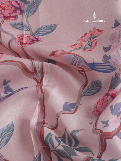 Baby Pink Printed Semi Tussar Saree With Lake & Bird Border