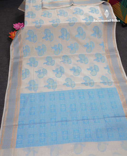 Fancy White Cotton Mix Saree With Contrast Sky Blue Designer Blouse