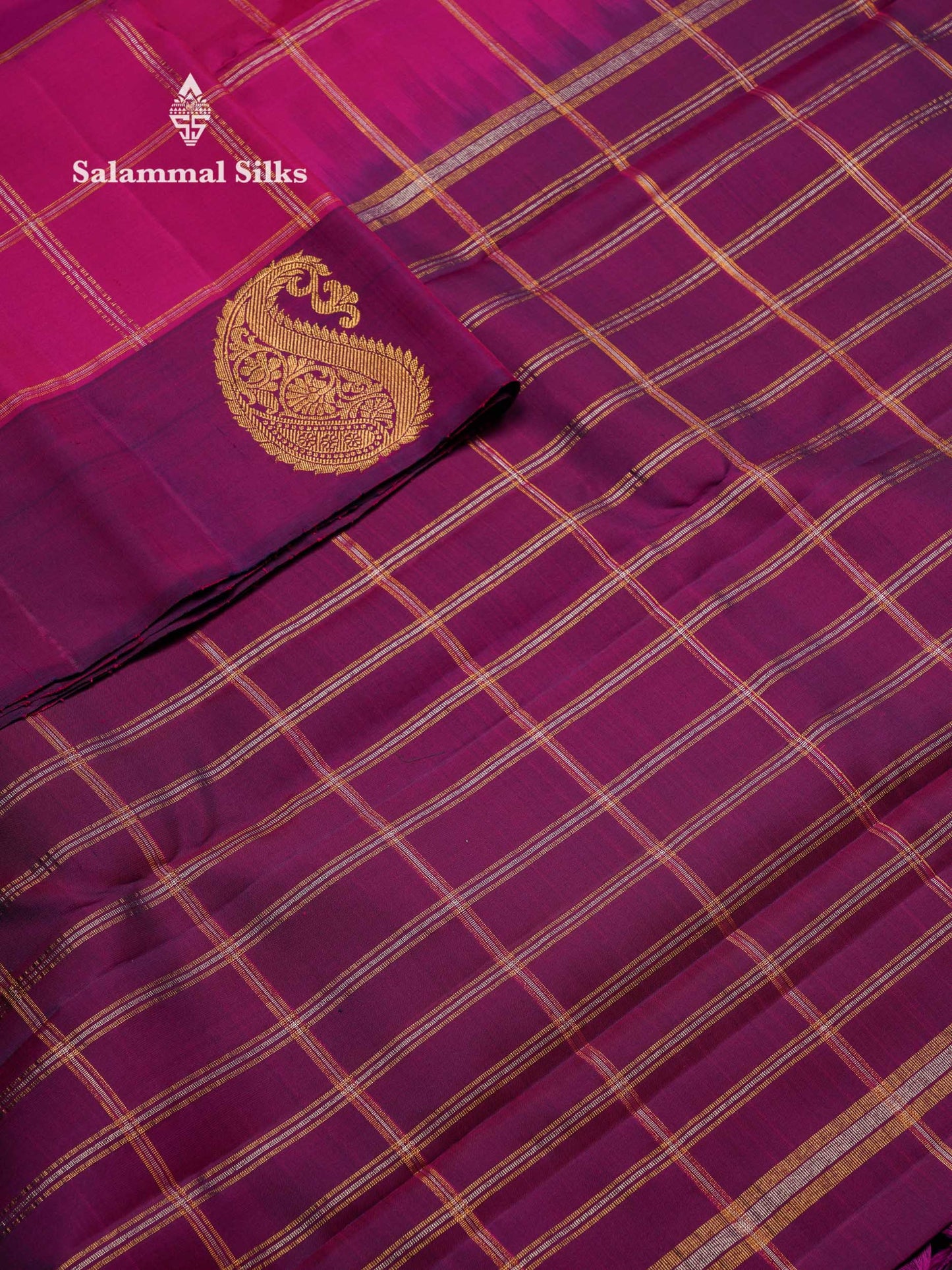 Beautiful Vadamalli Silver & Gold Zari Checks Pure Kanjivaram Silk Saree With Contrast Dark Purple Traditional Border