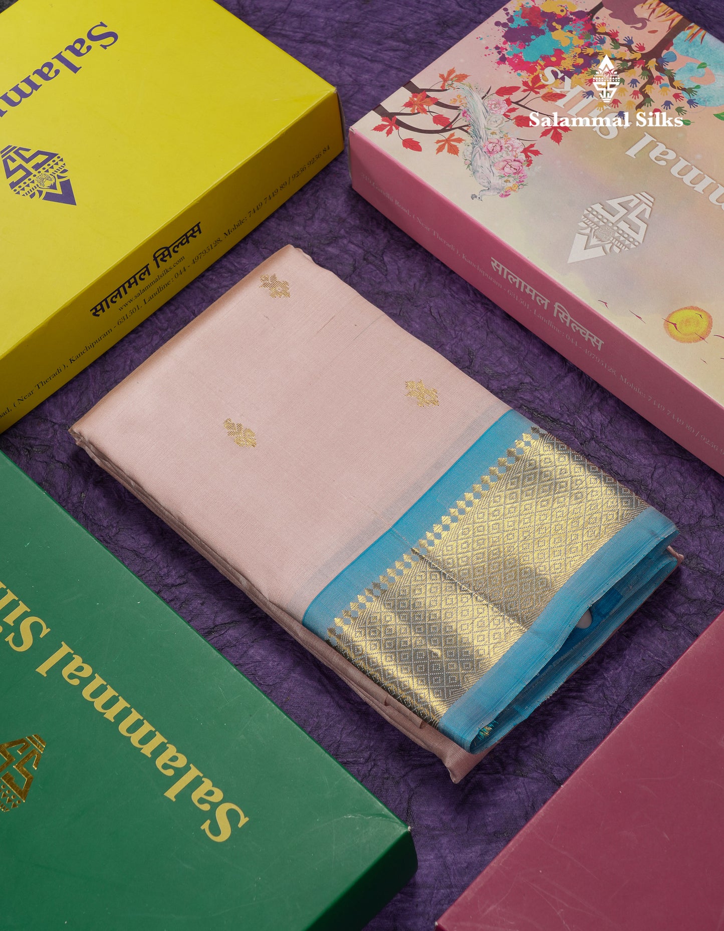 Beautiful Light Peach Pure Kanjivaram Silk Saree With Contrast Light Ramar Blue One Side Traditional Border