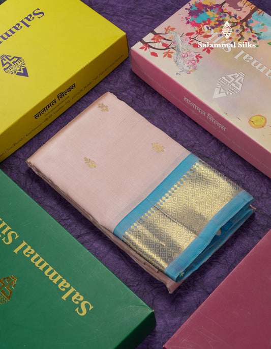 Beautiful Light Peach Pure Kanjivaram Silk Saree With Contrast Light Ramar Blue One Side Traditional Border