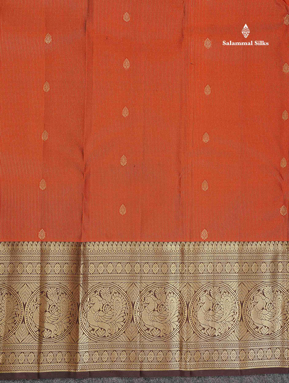 Pure Kanjivaram Silk Saree - Rust Orange Colour Body Vertical Vaira Oosi Lines With Butta & Contrast Dark Brown Long Border