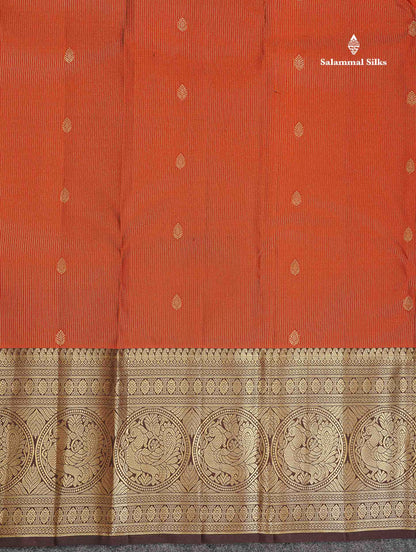Pure Kanjivaram Silk Saree - Rust Orange Colour Body Vertical Vaira Oosi Lines With Butta & Contrast Dark Brown Long Border
