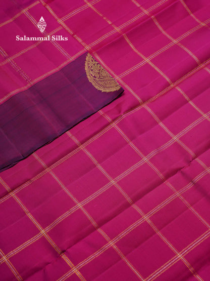 Beautiful Vadamalli Silver & Gold Zari Checks Pure Kanjivaram Silk Saree With Contrast Dark Purple Traditional Border