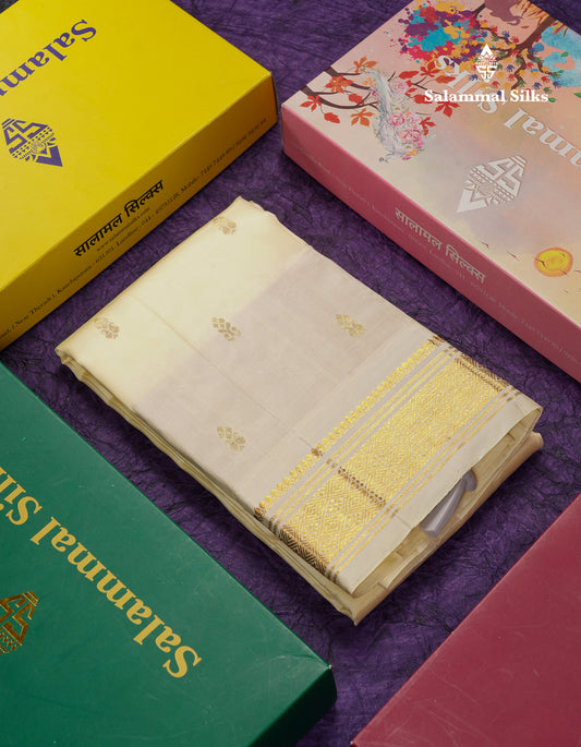 Beautiful Half White Pure Kanjivaram Silk Saree With One Side Traditional Border