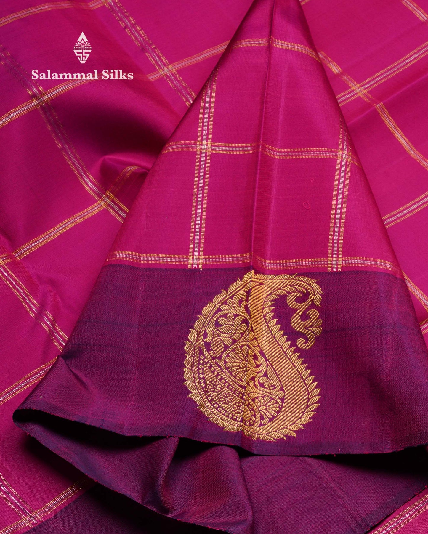 Beautiful Vadamalli Silver & Gold Zari Checks Pure Kanjivaram Silk Saree With Contrast Dark Purple Traditional Border