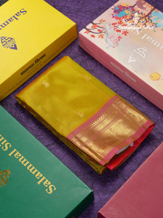 Beautiful Manthulir Yellow Pure Kanjivaram Silk Saree With Contrast Pink One Side Traditional Border