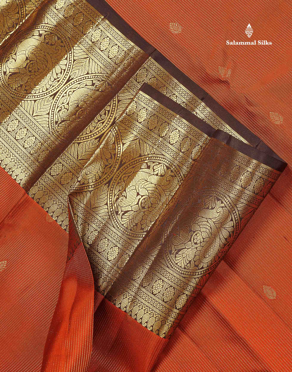 Pure Kanjivaram Silk Saree - Rust Orange Colour Body Vertical Vaira Oosi Lines With Butta & Contrast Dark Brown Long Border