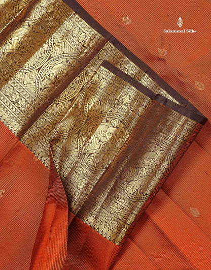 Pure Kanjivaram Silk Saree - Rust Orange Colour Body Vertical Vaira Oosi Lines With Butta & Contrast Dark Brown Long Border