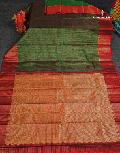 Pure Kanjivaram Silk Saree - Dual Tone Bottle Green Colour Body Small Checks & Contrast Maroon Vaira Oosi Lines Border
