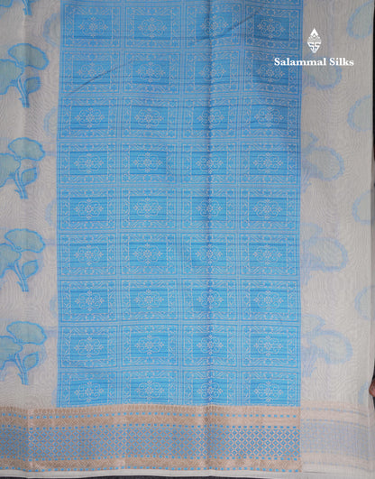 Fancy White Cotton Mix Saree With Contrast Sky Blue Designer Blouse