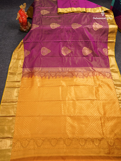 Beautiful Pink Zari Lines With Butta Semi Silk Saree With Contrast Mustard Yellow Traditional Border