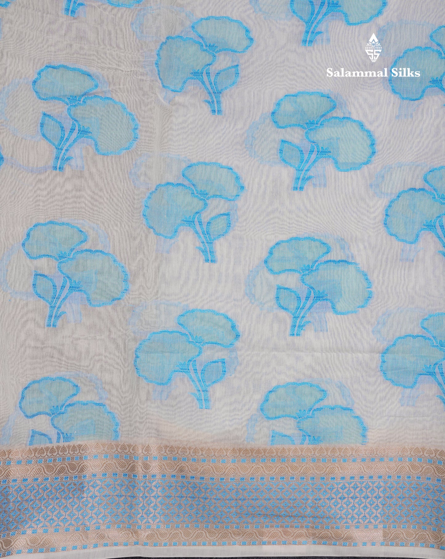 Fancy White Cotton Mix Saree With Contrast Sky Blue Designer Blouse