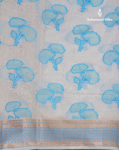 Fancy White Cotton Mix Saree With Contrast Sky Blue Designer Blouse