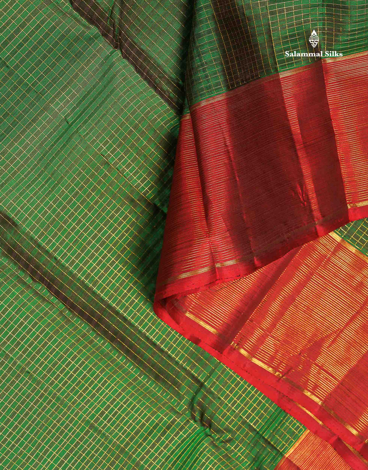 Pure Kanjivaram Silk Saree - Dual Tone Bottle Green Colour Body Small Checks & Contrast Maroon Vaira Oosi Lines Border
