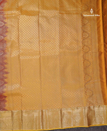 Beautiful Pink Zari Lines With Butta Semi Silk Saree With Contrast Mustard Yellow Traditional Border