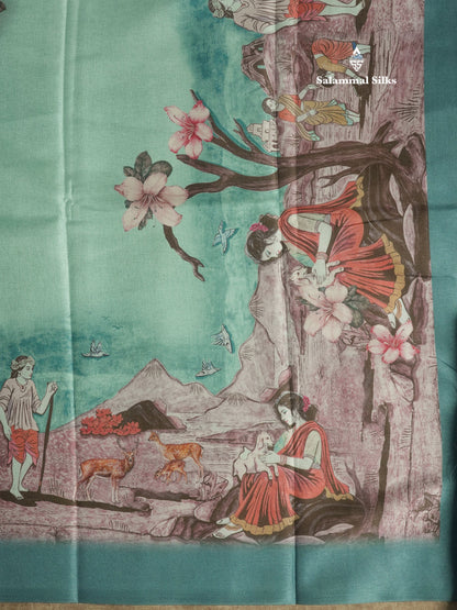 Sandal Printed Semi Tussar Saree With Village Theme Border