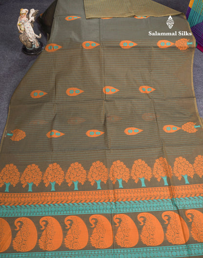 Olive Green Beautiful Fancy Pure Cotton Saree With Blouse