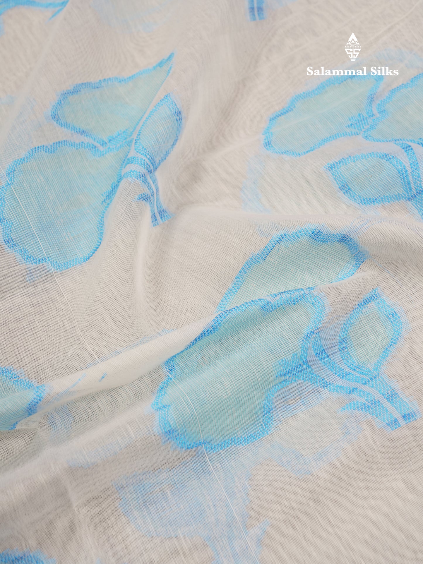 Fancy White Cotton Mix Saree With Contrast Sky Blue Designer Blouse
