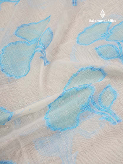 Fancy White Cotton Mix Saree With Contrast Sky Blue Designer Blouse