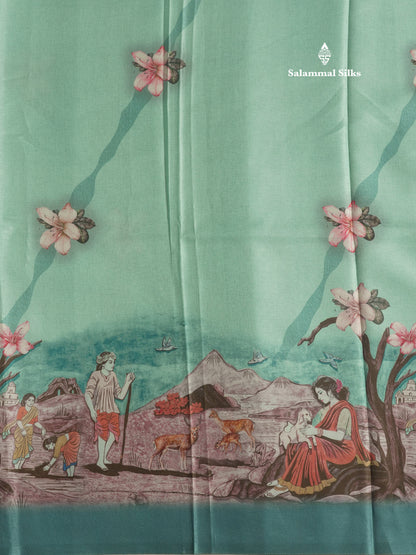 Sandal Printed Semi Tussar Saree With Village Theme Border