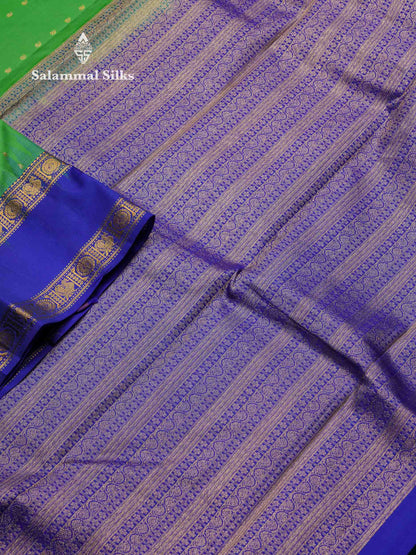 Beautiful Parrot Green Pure Kanjivaram Silk Saree With Contrast Royal Blue Traditional Rettapet Border