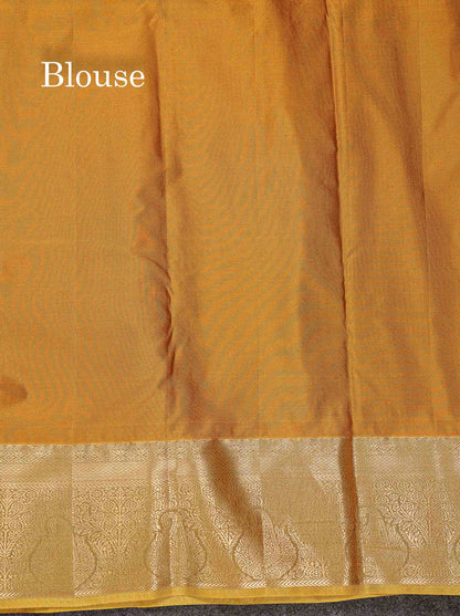 Beautiful Pink Zari Lines With Butta Semi Silk Saree With Contrast Mustard Yellow Traditional Border