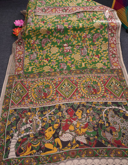 Green Pure Cotton Saree Kalamkari Design With Contrast Half White Blouse