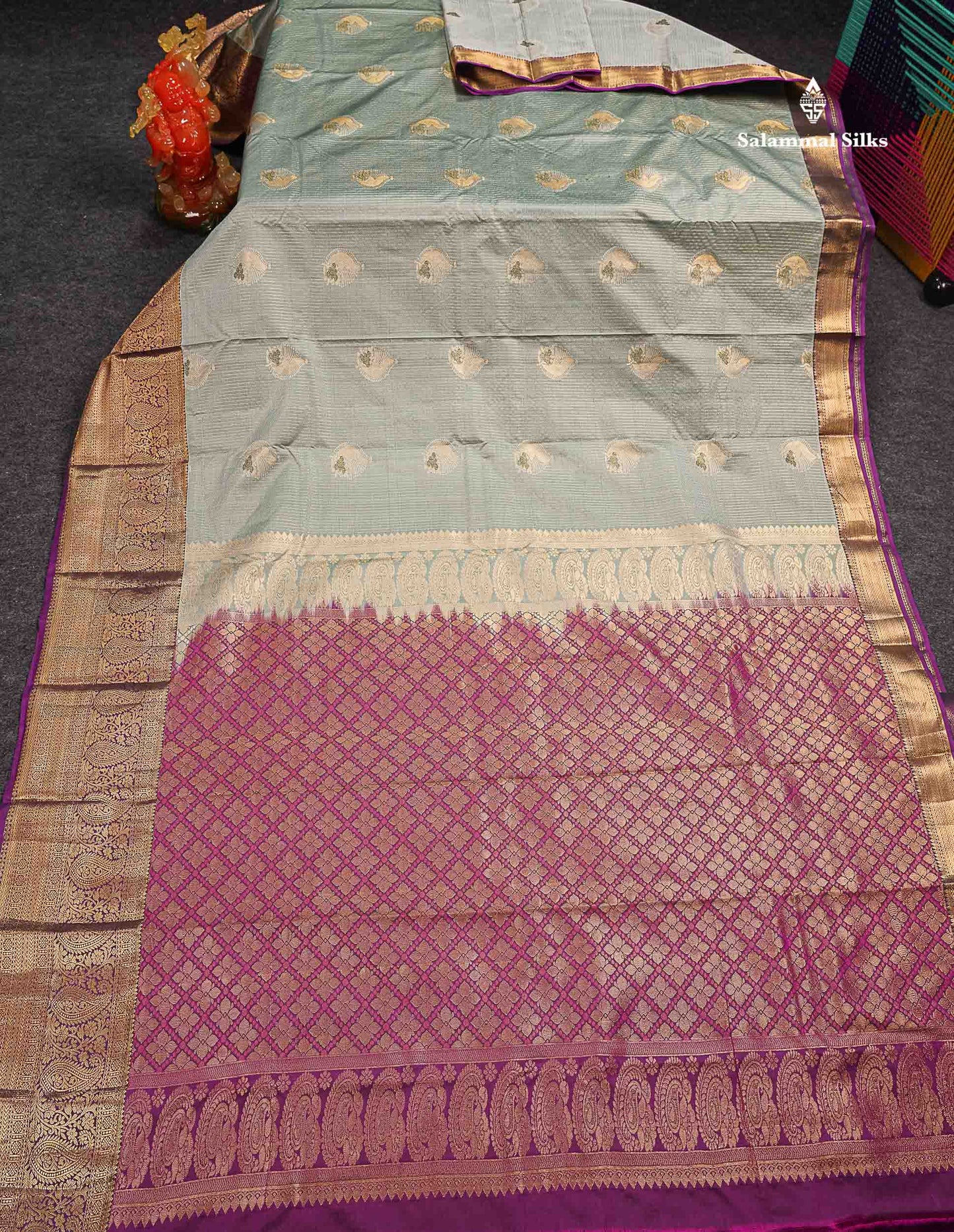 Beautiful Light Elaichi Green Zari Lines With Butta Semi Silk Saree With Contrast Magenta Traditional Evening Morning Border