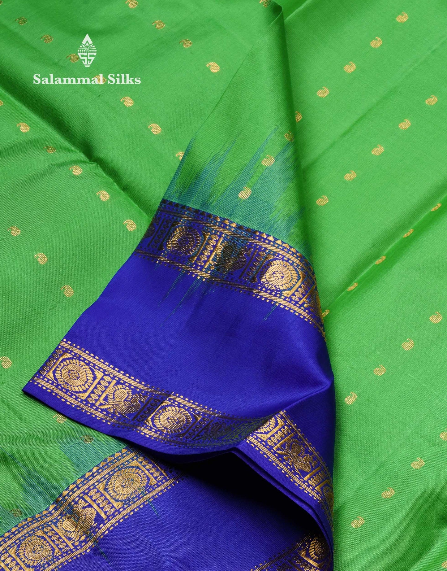 Beautiful Parrot Green Pure Kanjivaram Silk Saree With Contrast Royal Blue Traditional Rettapet Border